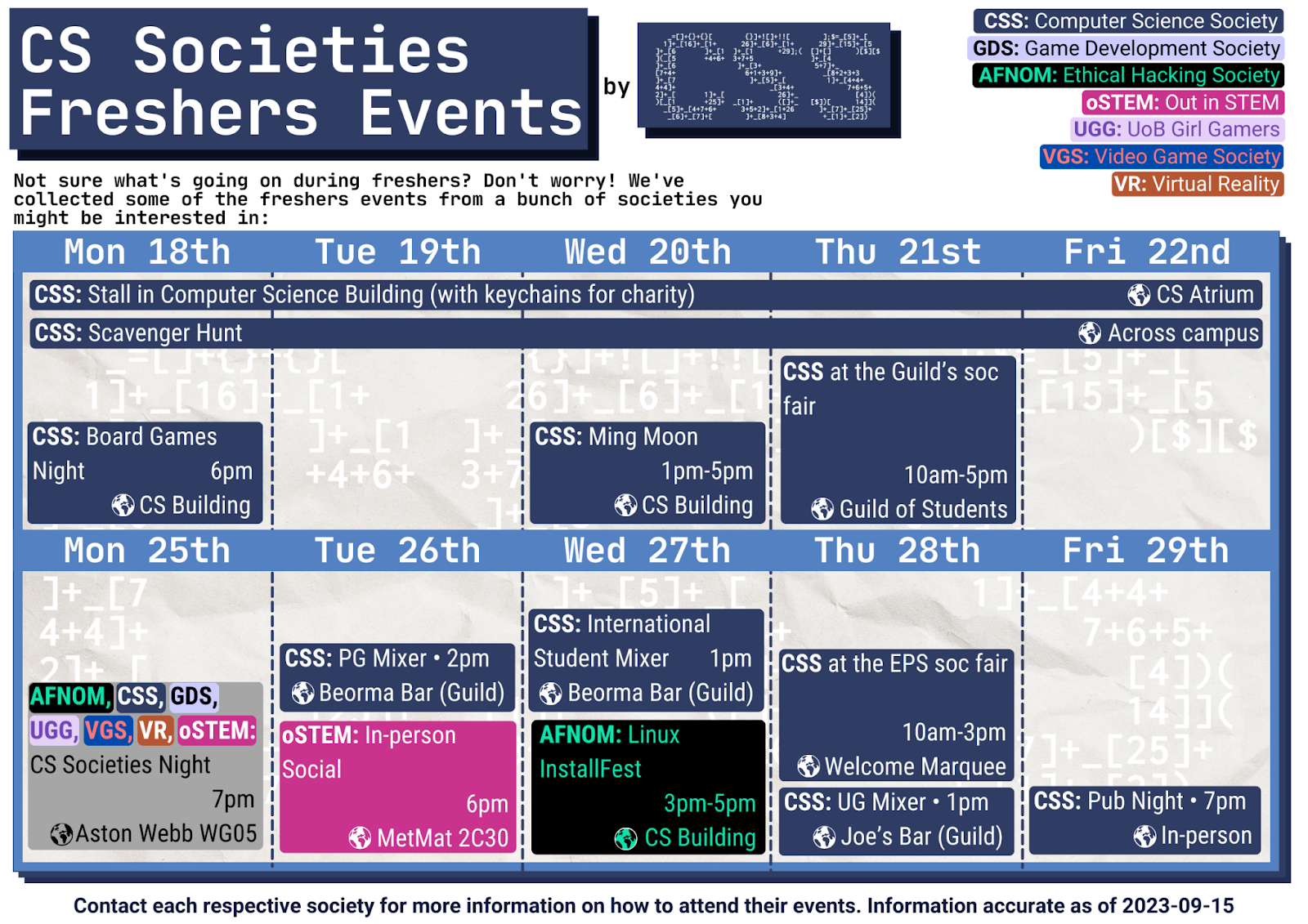 Welcome week calendar for 2023