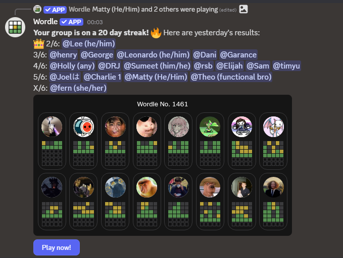 A screenshot of the activities channel, showing how everyone did in Wordle the previous day.